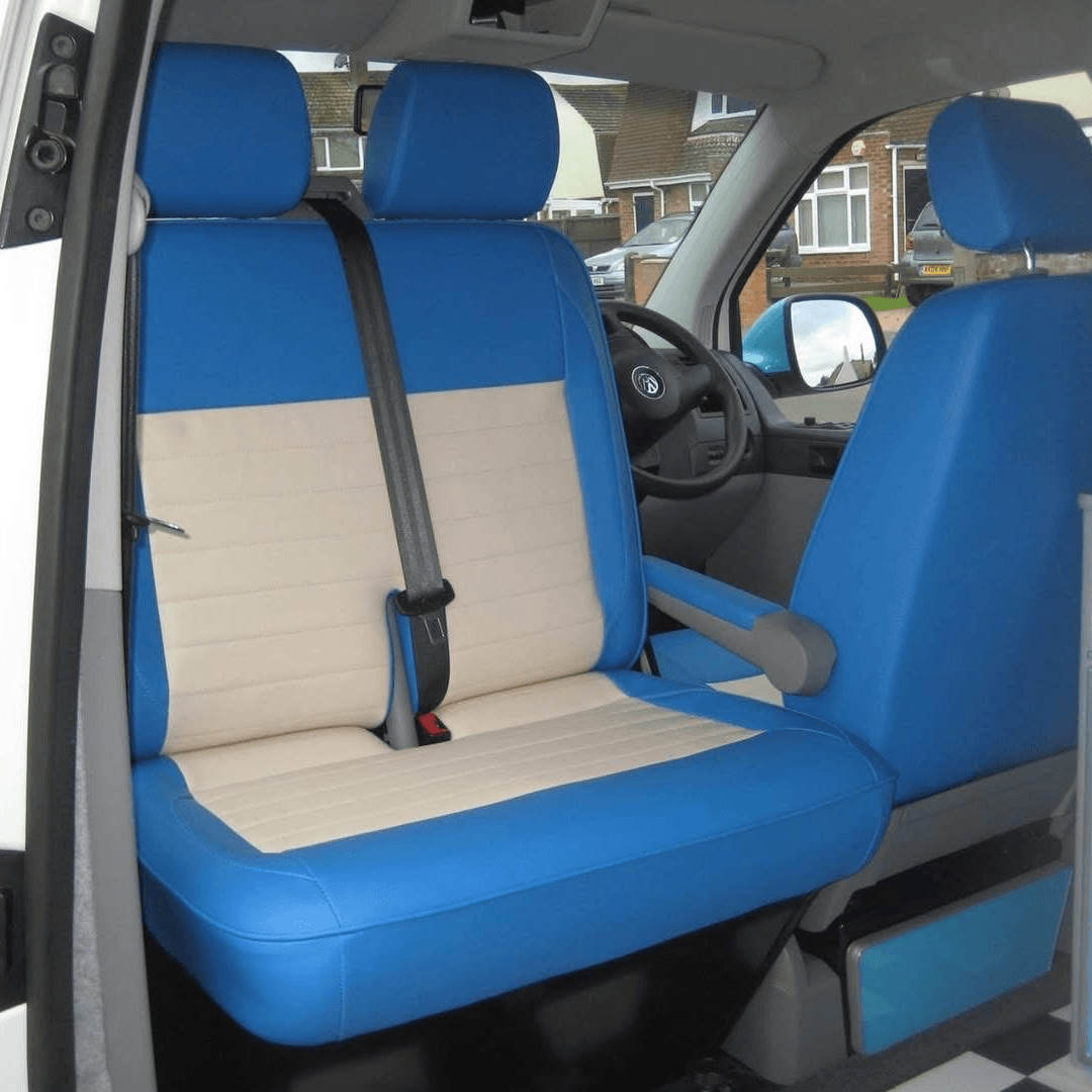 blue and cream cab seats in van